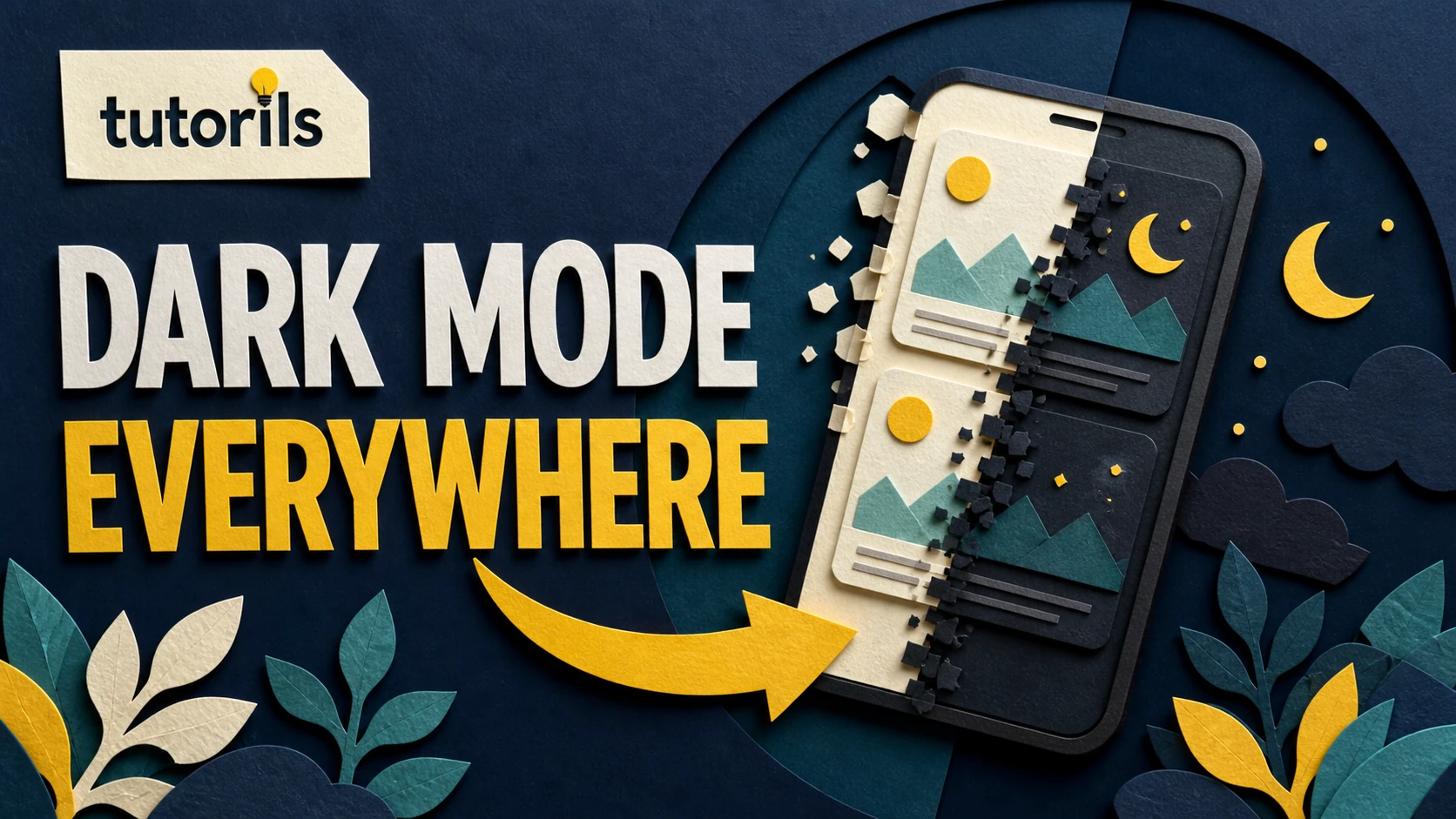 Realistic paper-craft illustration for Dark Mode on Any Android: 5 Steps to Enable It on Every App
