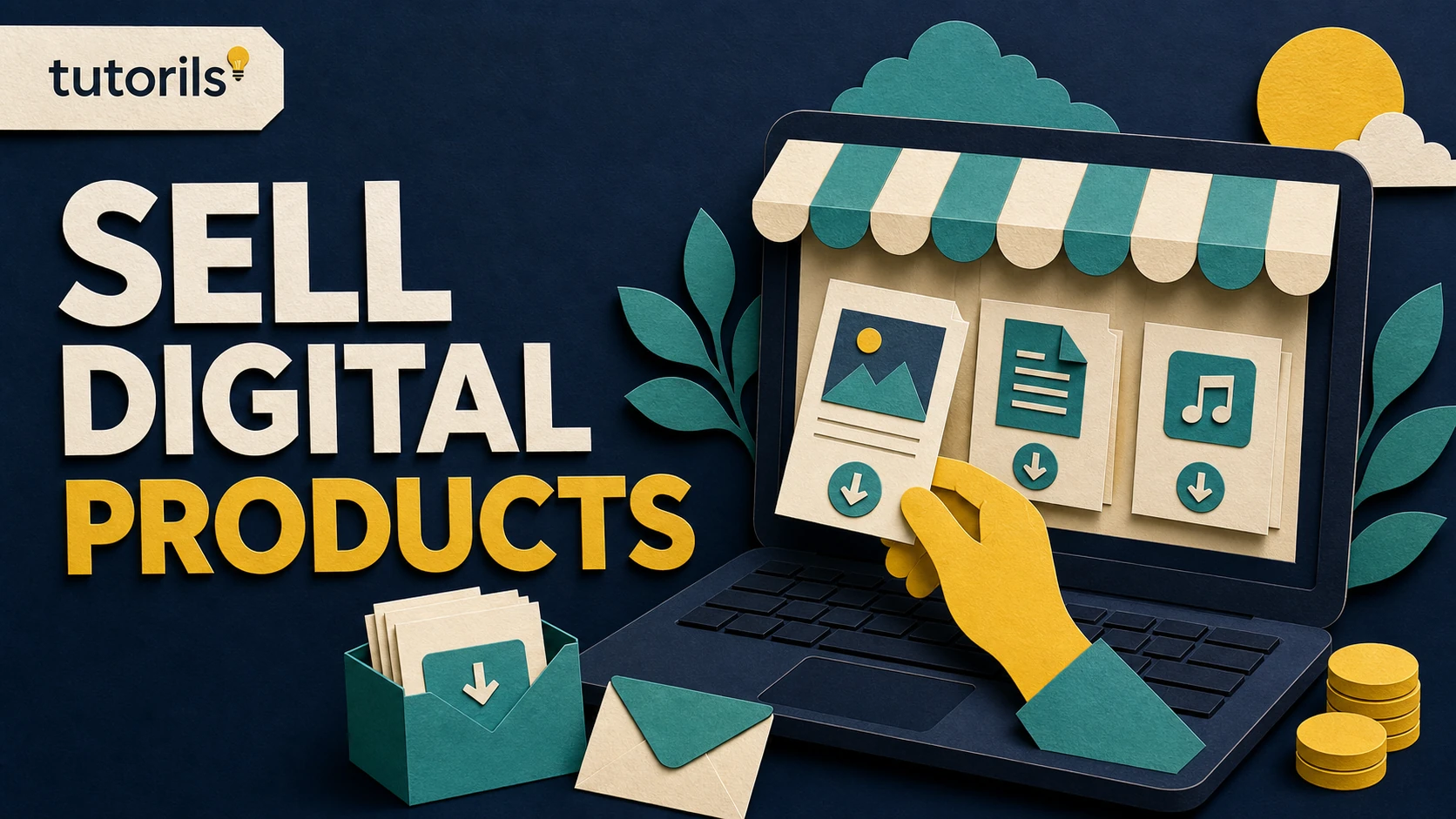 Realistic paper-craft illustration for How to Make Money Selling Digital Products on Your Blog (Complete Guide)