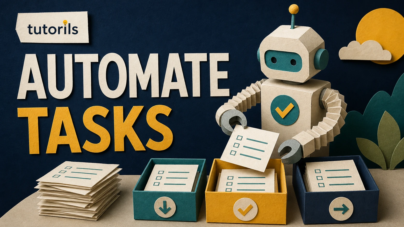 Realistic paper-craft illustration for How to Automate Repetitive Tasks with AI Agents: Beginner Guide