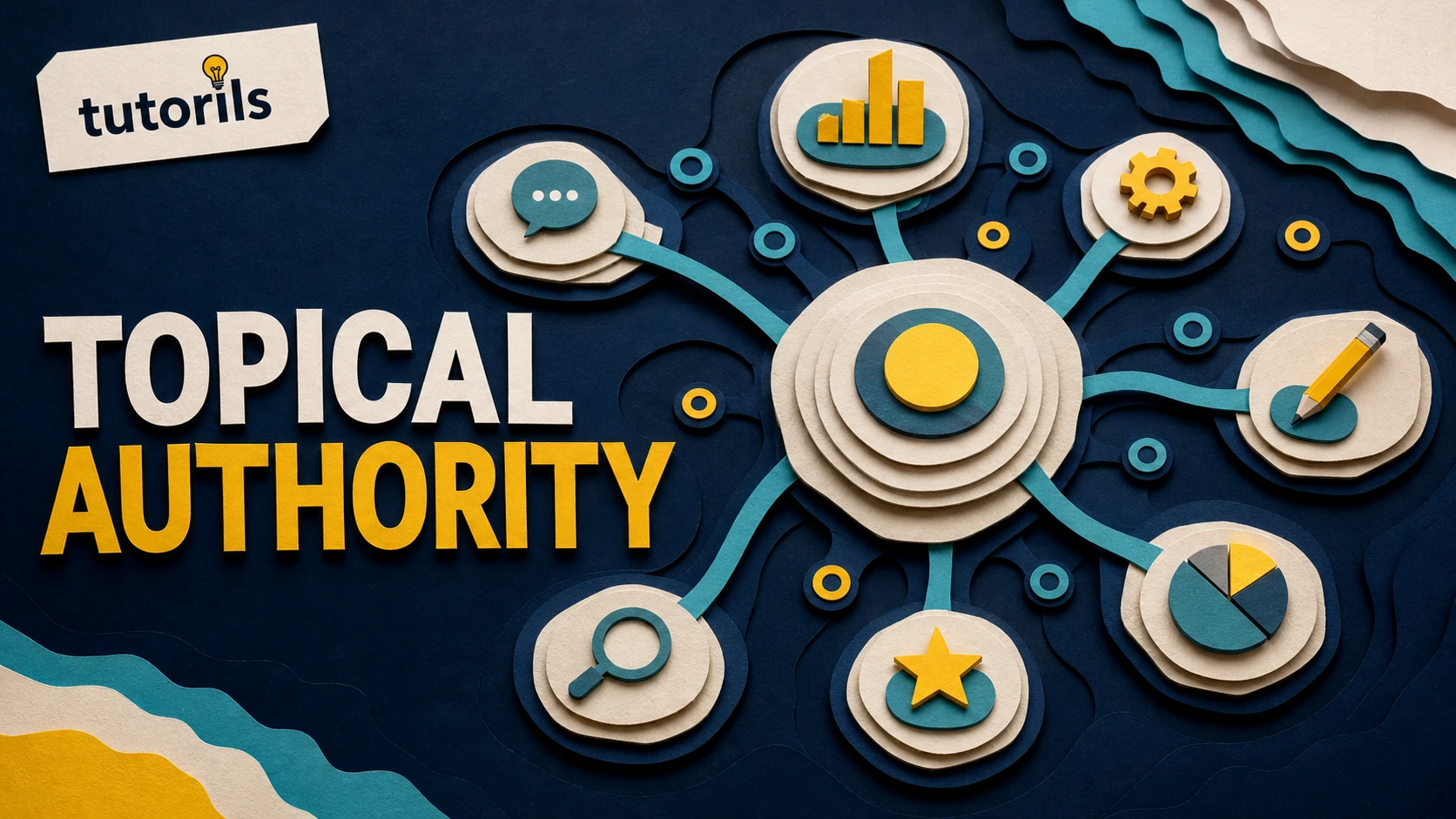 Realistic paper-craft illustration for How to Build Topical Authority for a New Blog Step by Step