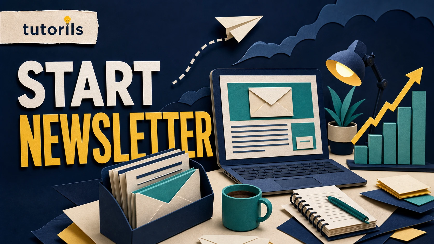 Realistic paper-craft illustration for How to Start a Newsletter and Make Money From Your Blog (Complete Guide)