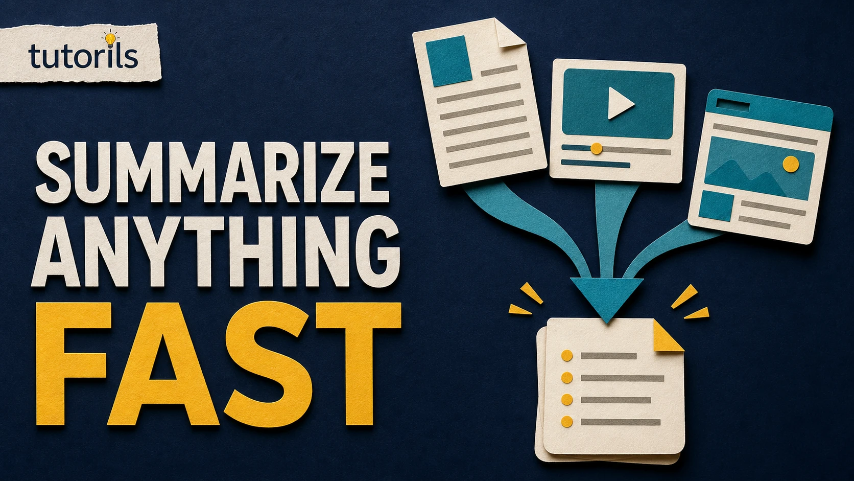 Realistic paper-craft illustration for How to Use AI to Summarize PDFs, Videos and Web Pages