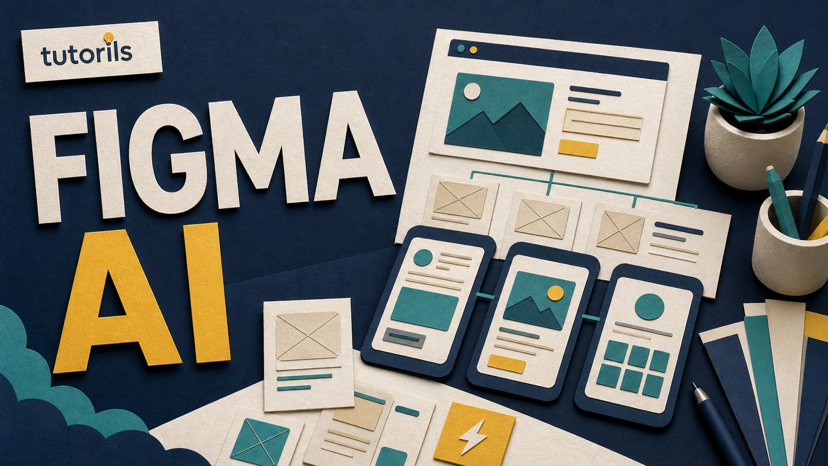 Realistic paper-craft illustration for Figma AI Tips for UI Designers: Faster Wireframes and Prototypes