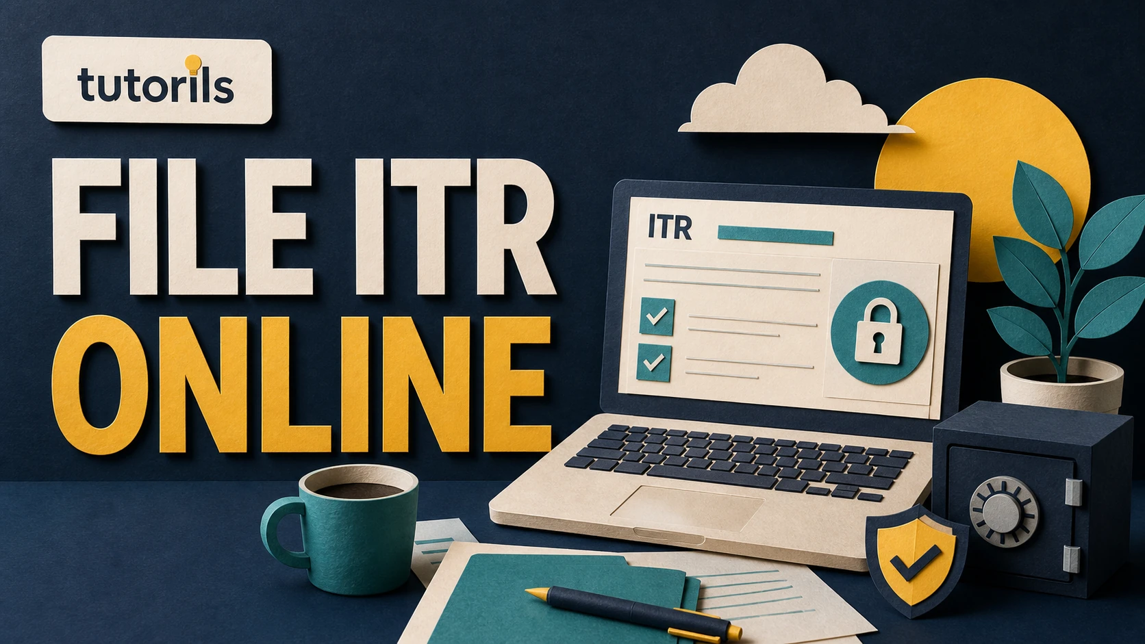 Realistic paper-craft illustration for How to File Income Tax Return (ITR) Online in India  -  Complete Step-by-Step Guide