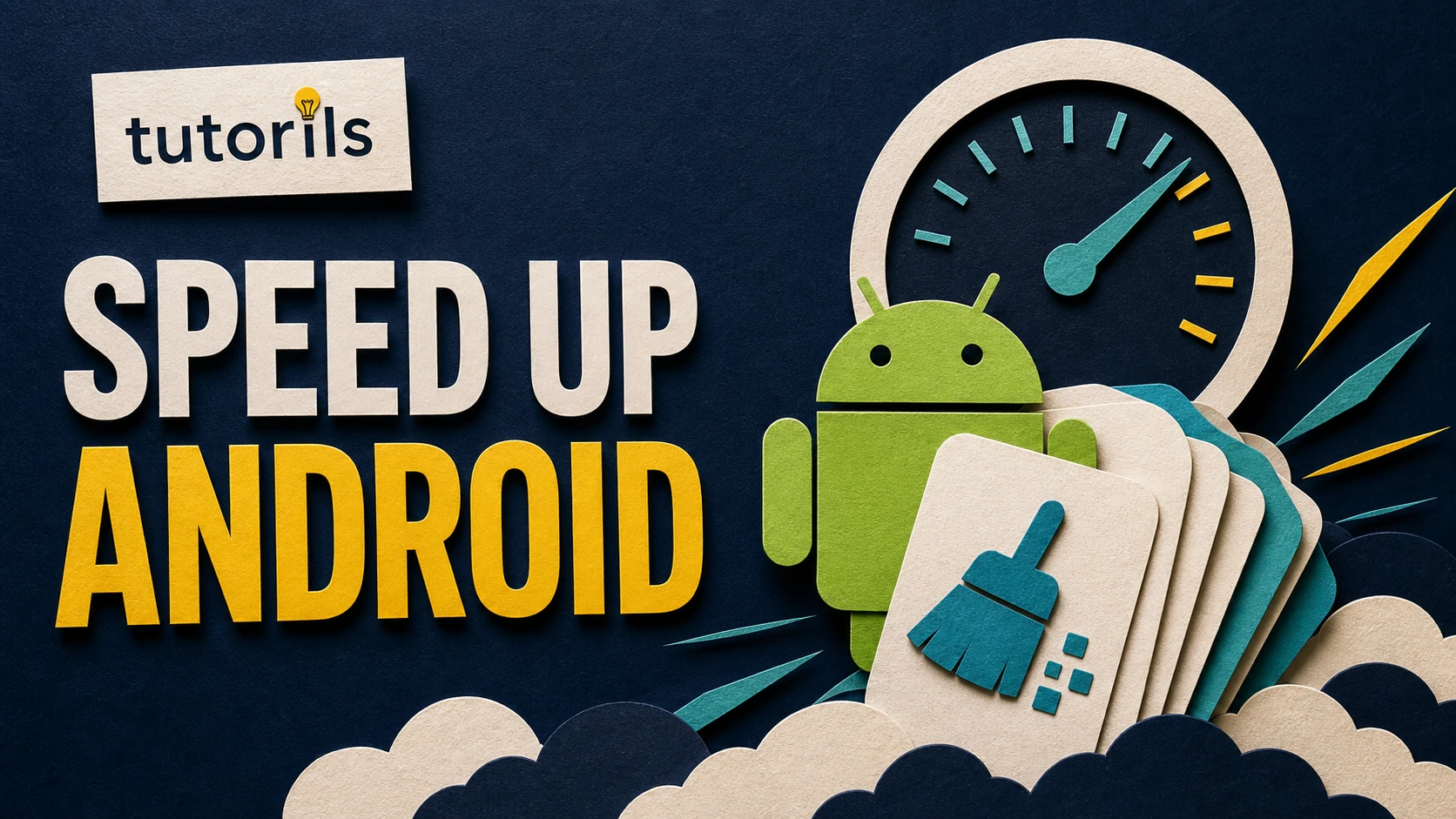 Realistic paper-craft illustration for How to Speed Up Your Android Phone in 5 Minutes