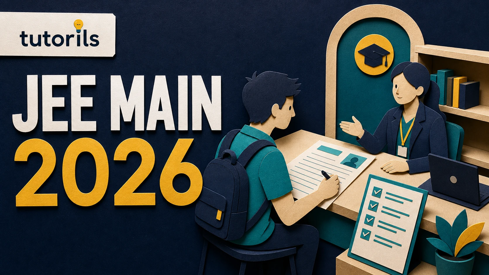 Realistic paper-craft illustration for JEE MAINS 26: Step-by-Step Guide to Registration for 2026