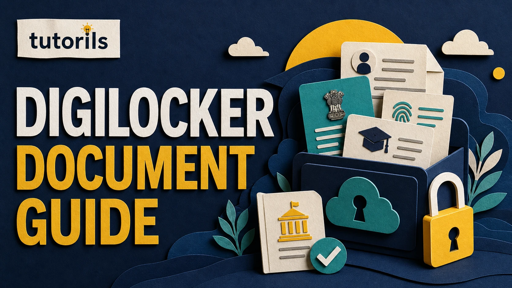 Realistic paper-craft illustration for How to Use DigiLocker for PAN, Aadhaar and Certificates