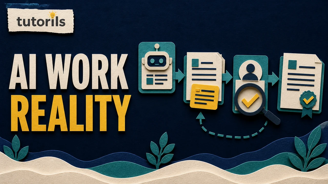 Paper-craft AI work process moving from assistant research through human review to an approved document