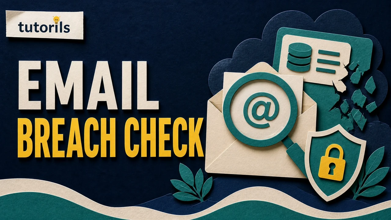 Paper-craft email breach check with an envelope, exposed database record, magnifier, and account shield