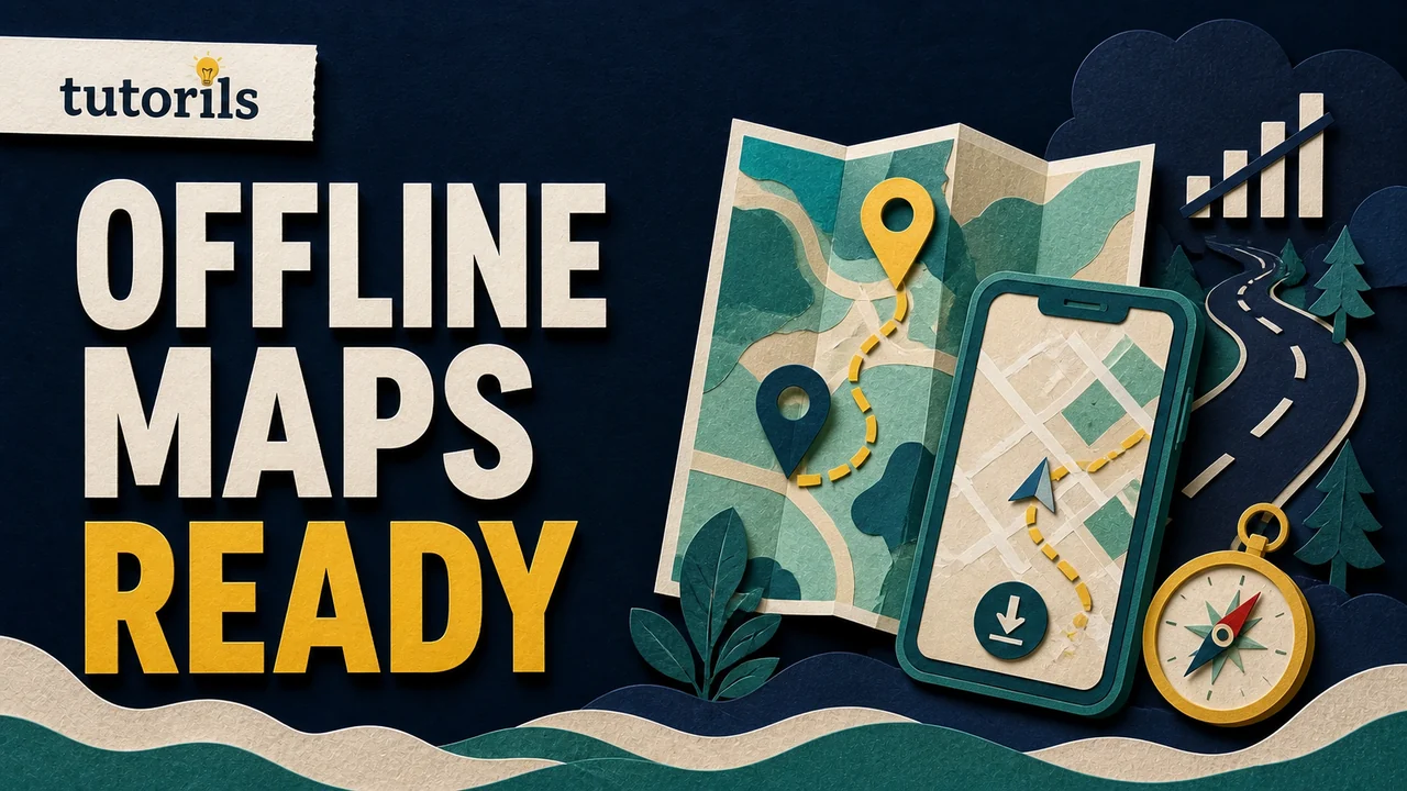 Paper-craft offline travel map with route pins, a navigation phone, fading signal, and a compass