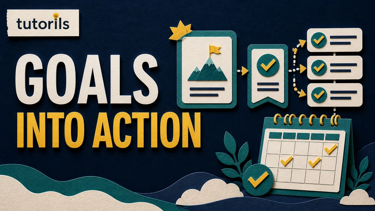 Paper-craft goal card divided into a weekly milestone, three actions, and a practical calendar