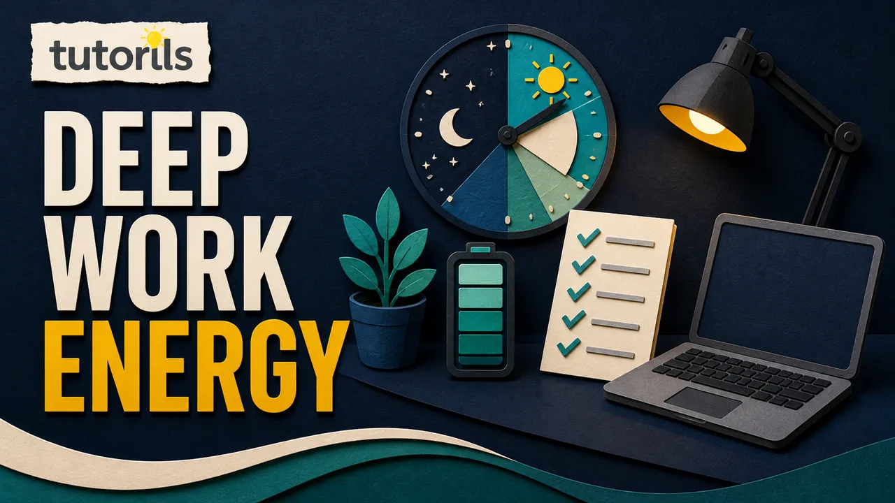 Dark paper-craft work desk with a day-night energy clock, focus checklist, battery, laptop, and lamp