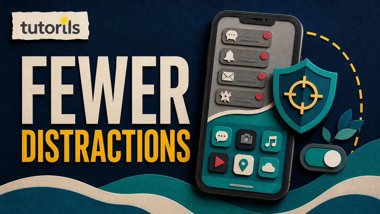 Dark paper-craft smartphone with muted notifications, preserved app icons, a focus shield, and a quiet toggle