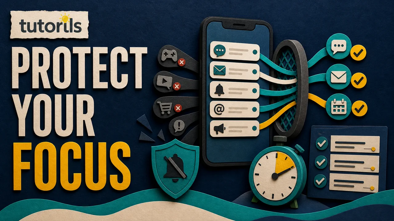 Dark paper-craft notification filter routing priority alerts while muting distractions beside a focus shield and timer