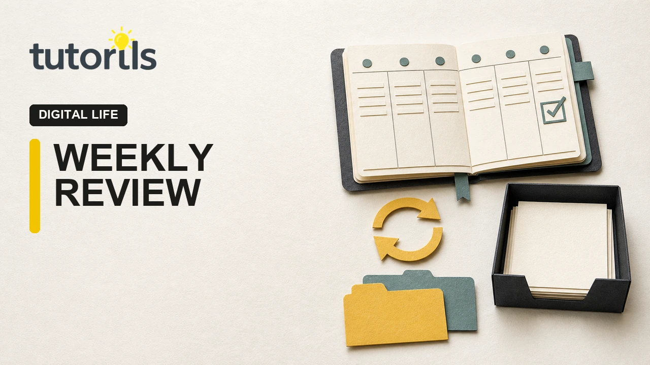 Paper-craft weekly review planner with folders and review arrows