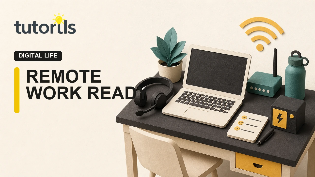Paper-craft remote work desk with laptop headset and checklist