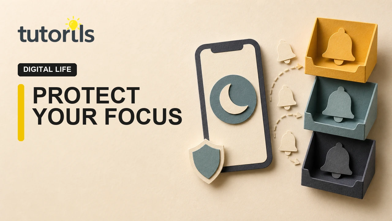 Paper-craft phone with focus mode and organized notification trays