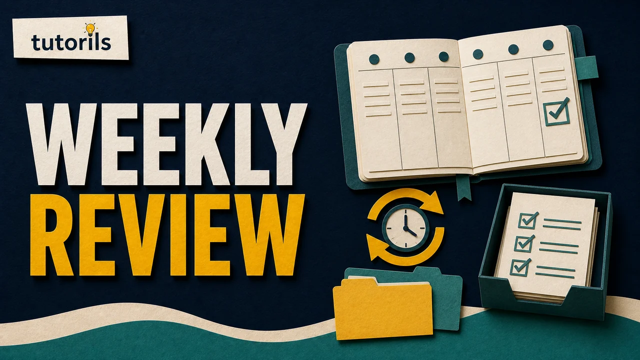 Paper-craft weekly planner with review arrows clock folders and completed checklist