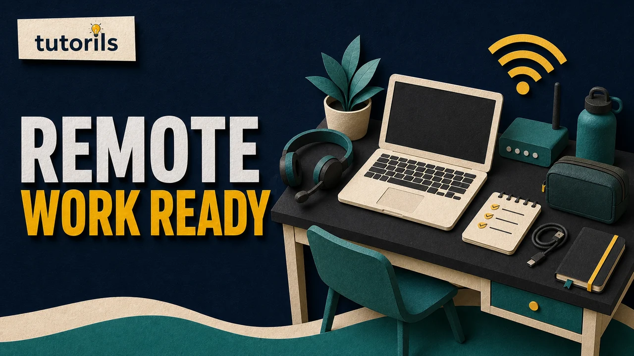 Paper-craft remote work desk with laptop headset router checklist and packed essentials