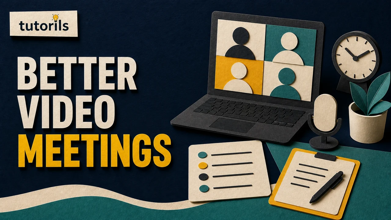 Paper-craft video meeting desk with laptop call grid microphone agenda and clock