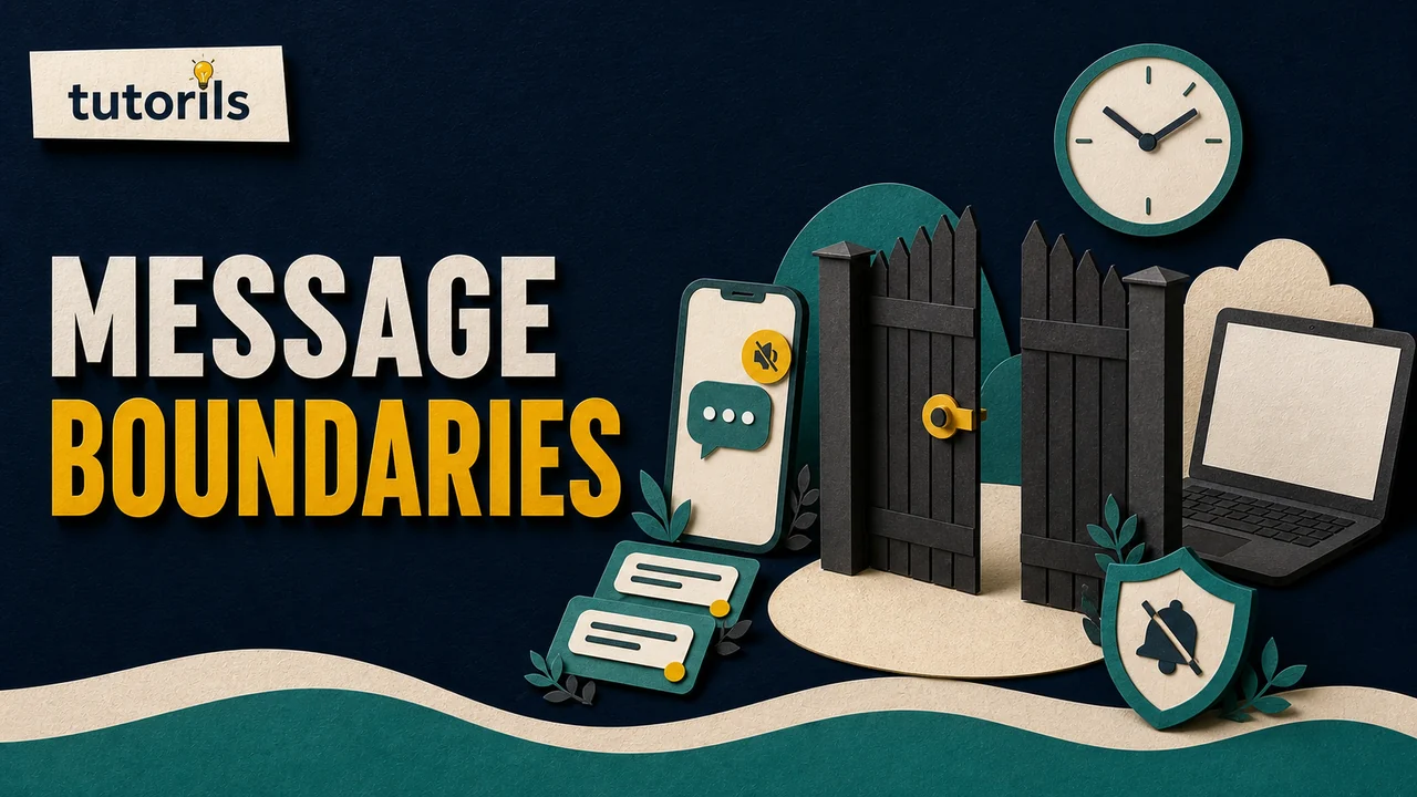 Paper-craft phone and laptop separated by a message boundary gate clock and muted alert shield