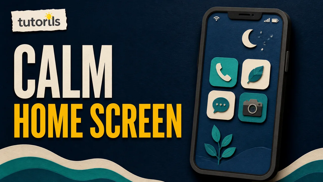 Dark paper-craft smartphone with a calm uncluttered home screen, focus symbols, and a quiet mode moon