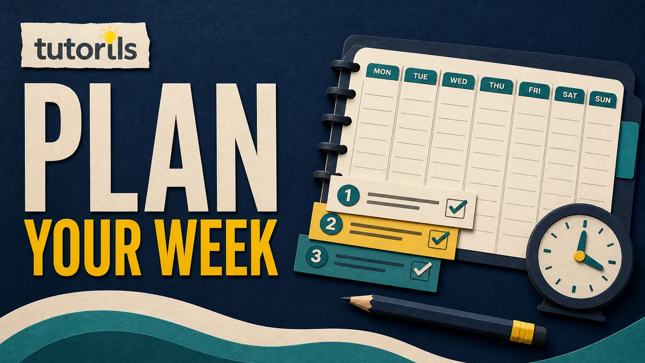 Dark paper-craft weekly planner with seven day columns, three priorities, a pencil, and a clock