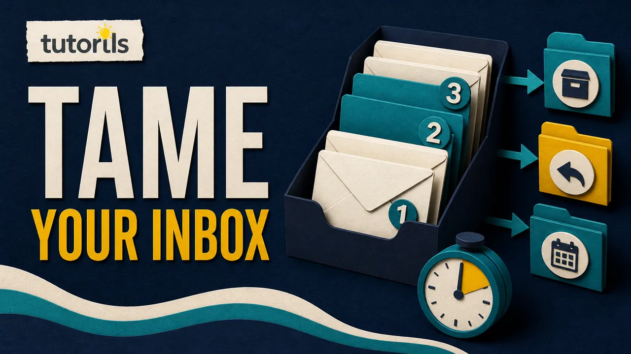 Dark paper-craft inbox moving messages into reply, archive, and calendar folders during a timed routine