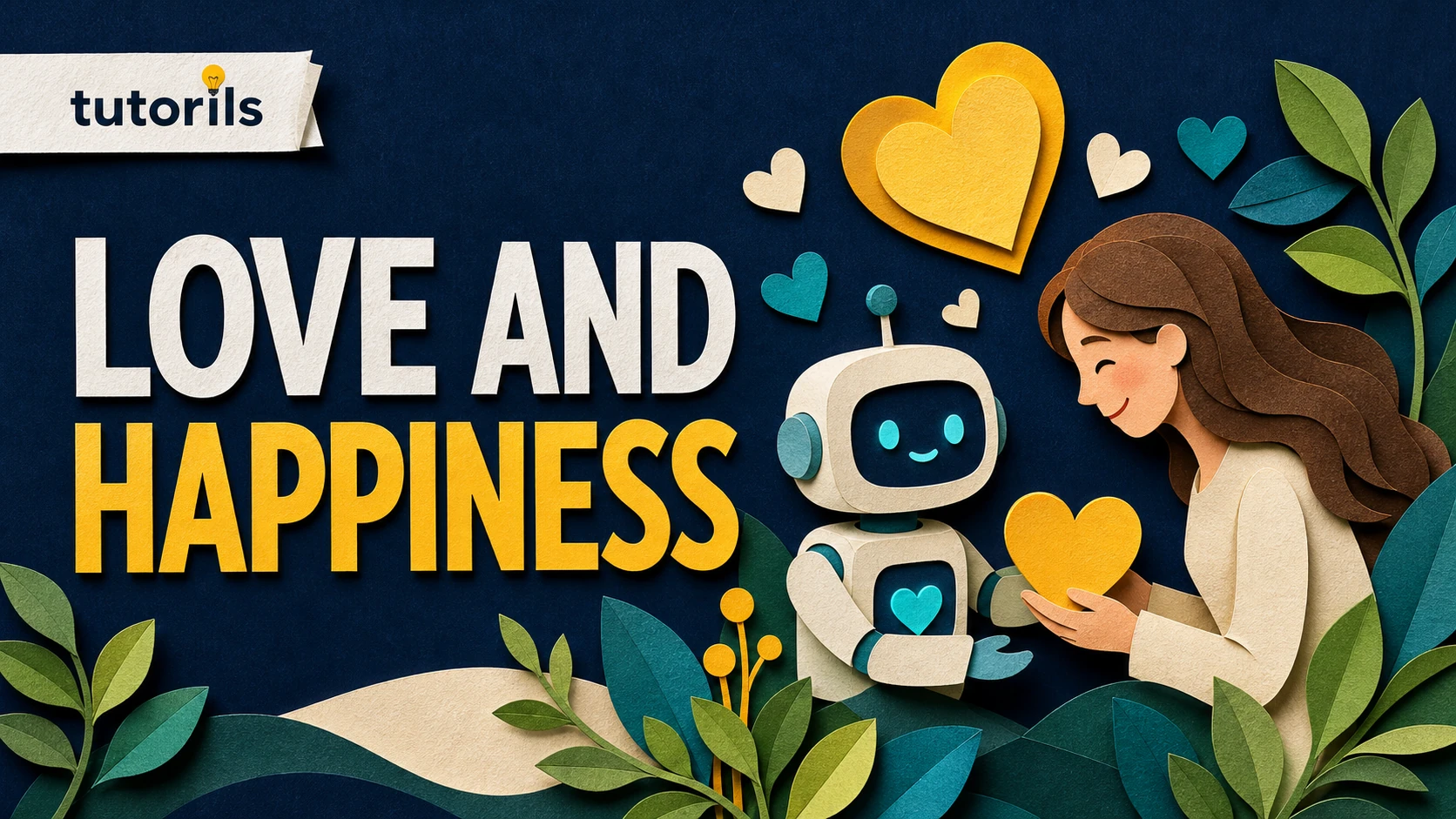 Paper-craft scene of digital kindness and green leaves
