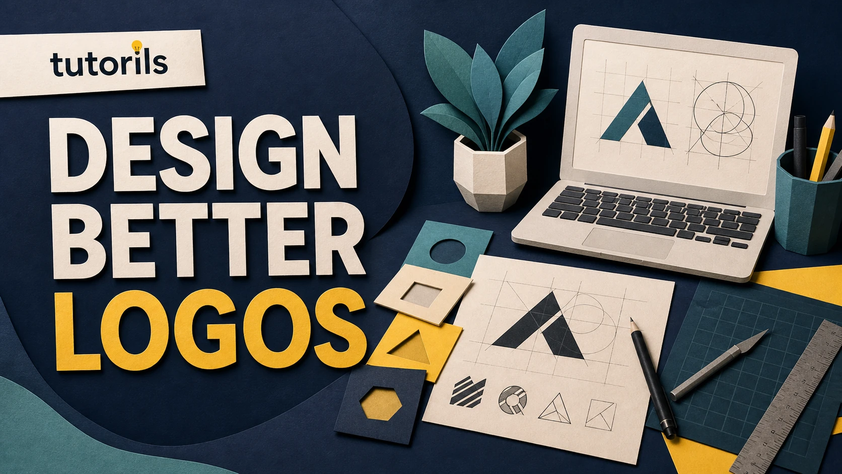 Paper-craft designer desk with logo sketches