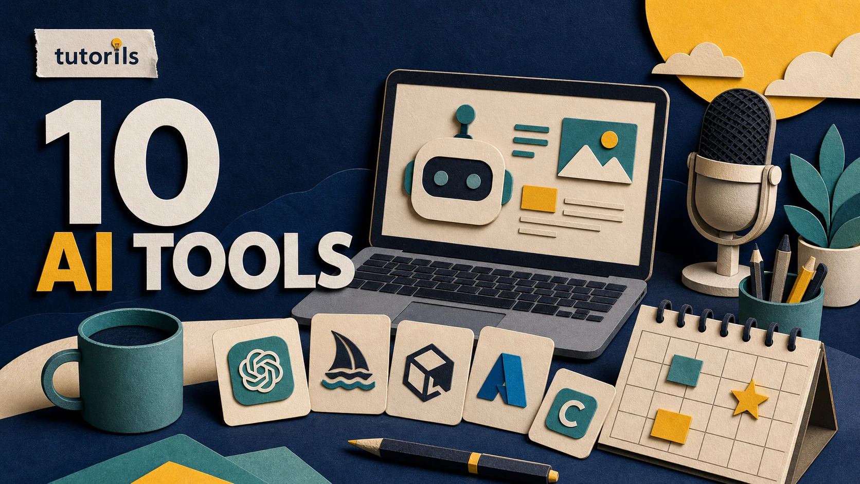Paper-craft creator desk with AI tools and planning cards