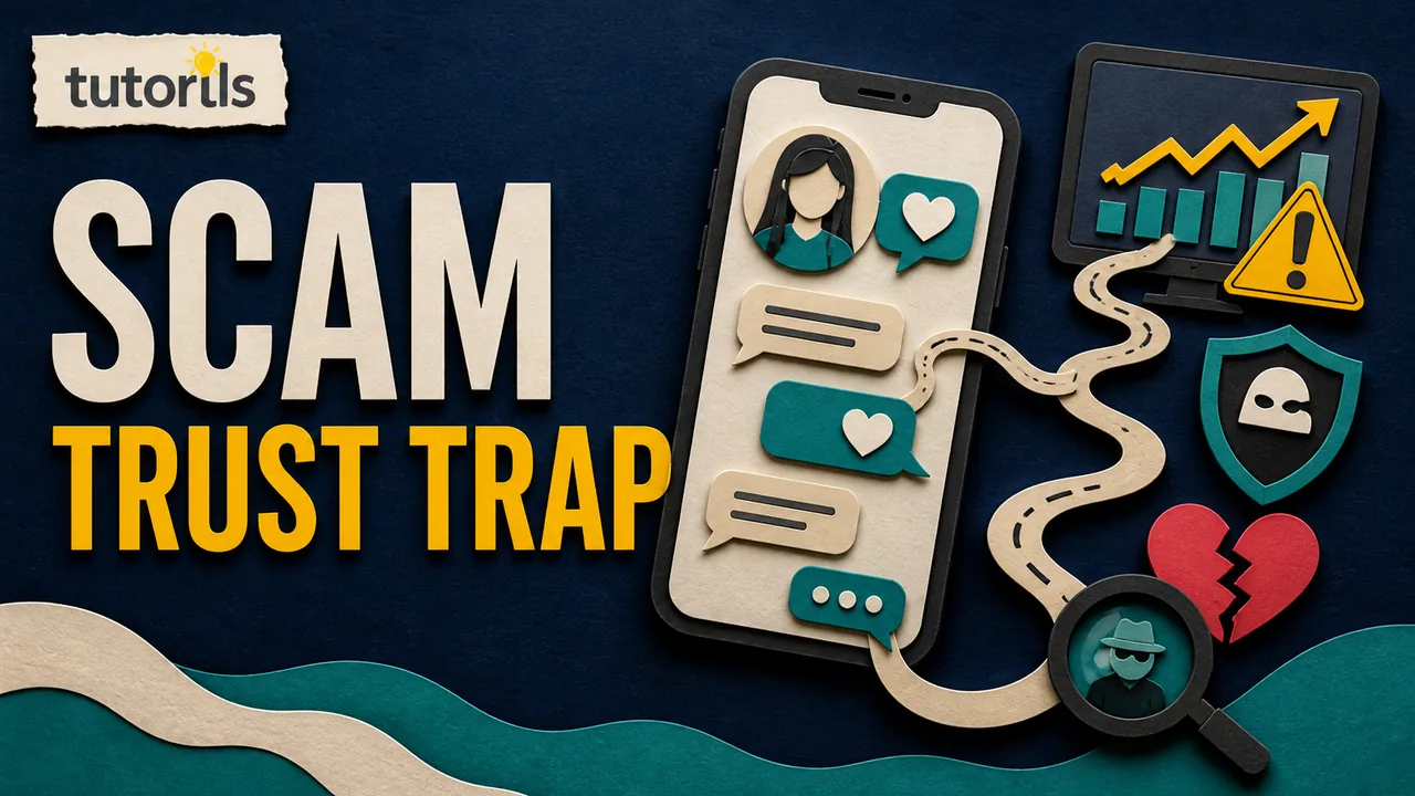 Dark paper-craft scene connecting a false dating profile, fake investment chart, chat messages, and a warning shield