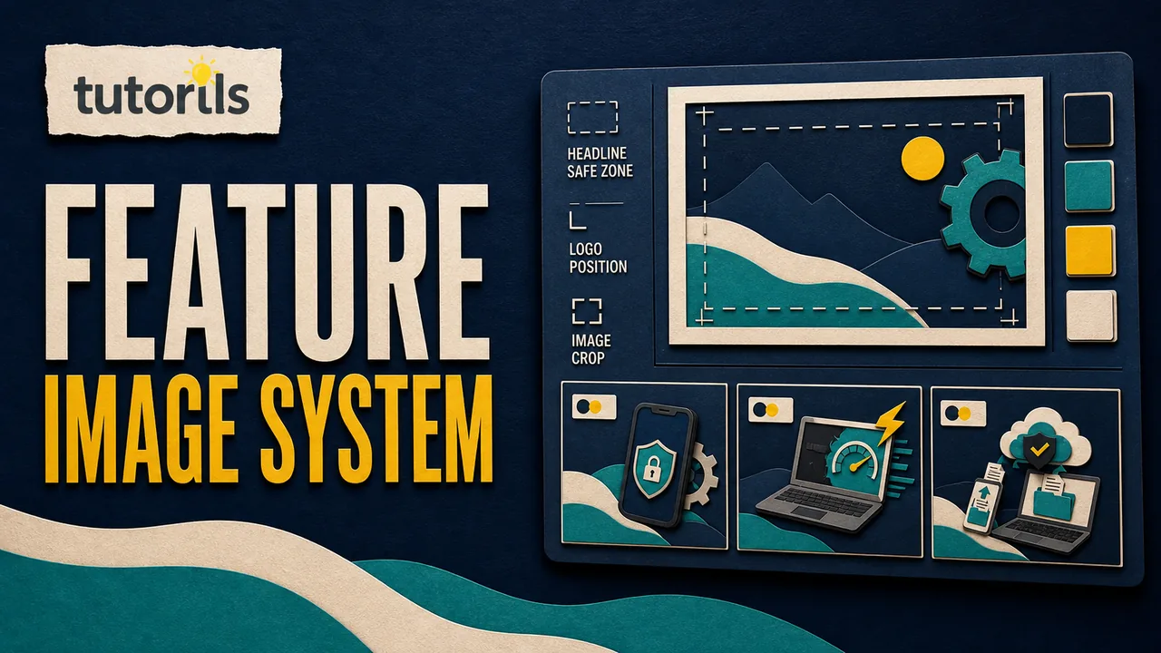 Paper-craft featured image production board with layout guides, color swatches, logo area, and responsive export cards