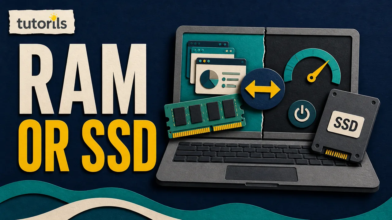Dark paper-craft Windows laptop between a RAM module and an SSD with a diagnostic meter and decision arrows