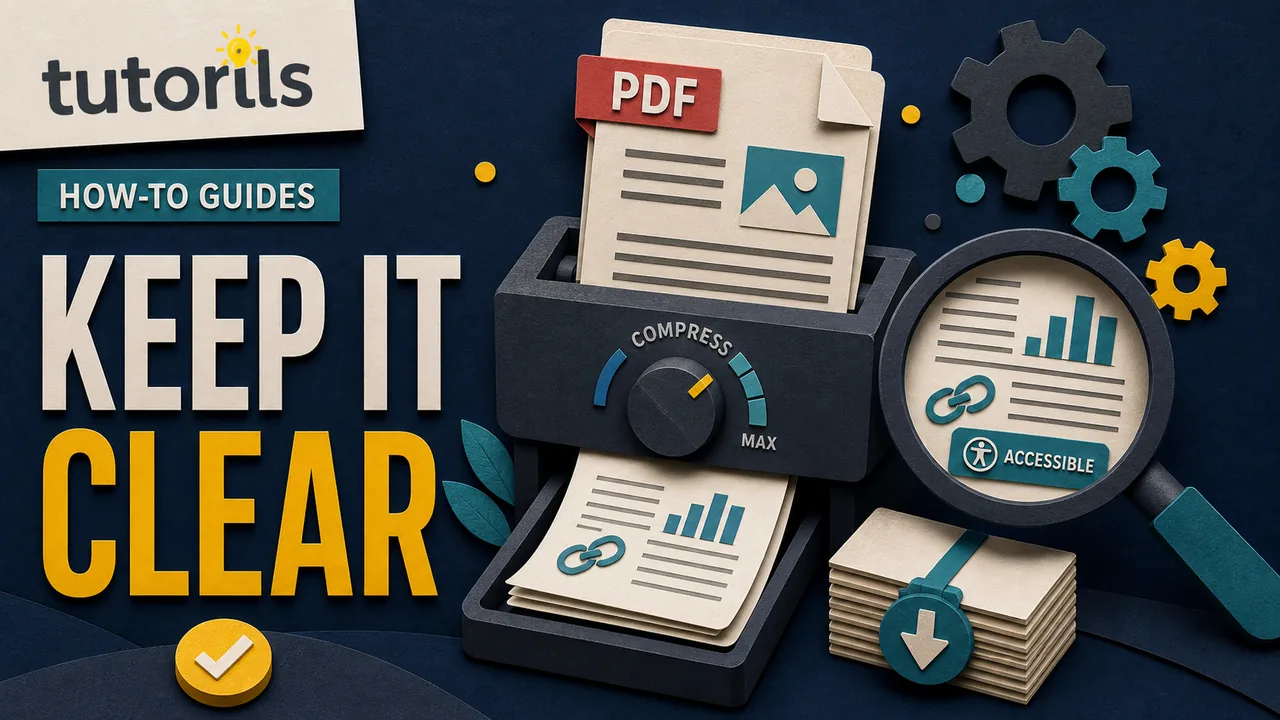 Dark editorial paper-craft PDF pages passing through a compression control while small text, a chart, links, and accessibility tags remain clear