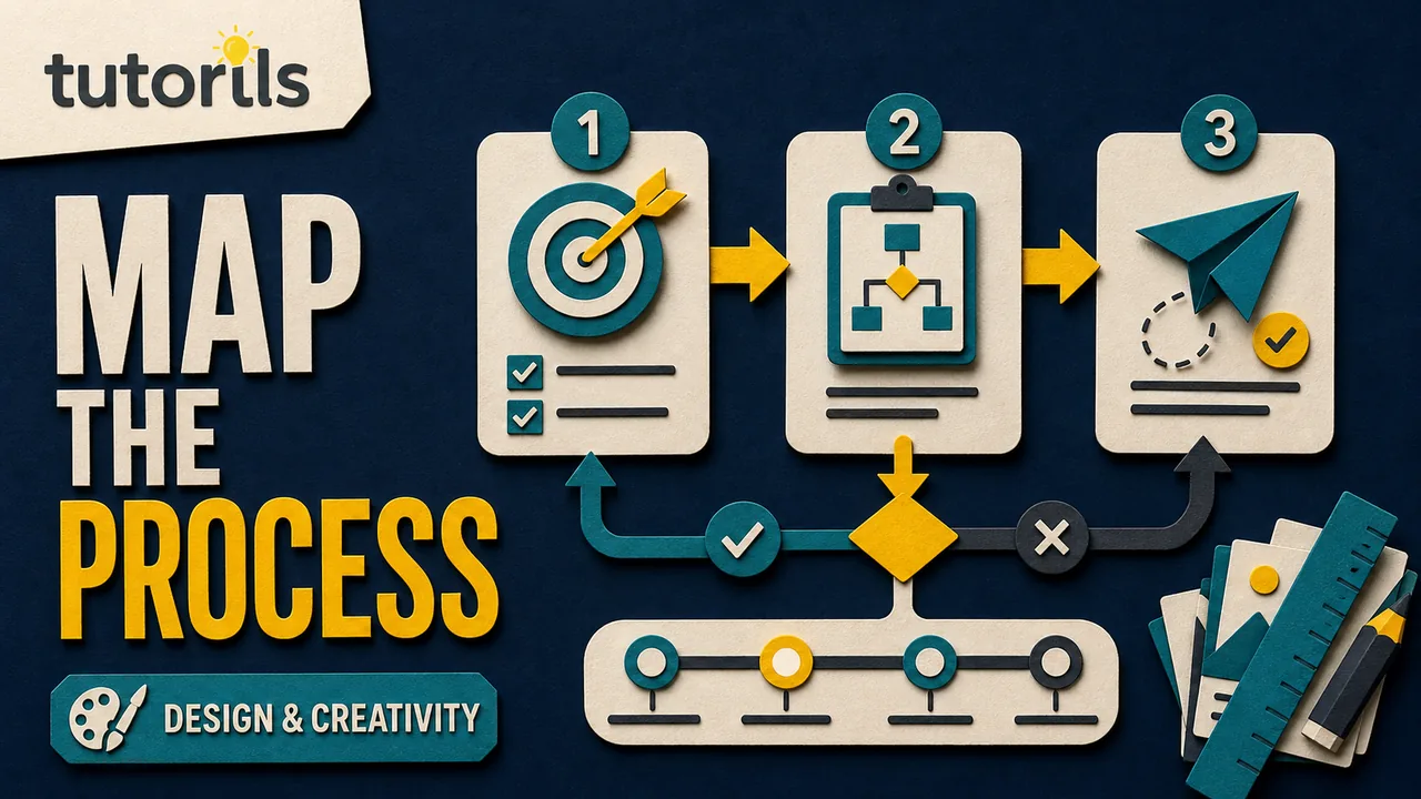 Dark editorial paper-craft process infographic with labeled action boxes, a decision branch, role lanes, contrast controls, and an accessible text panel
