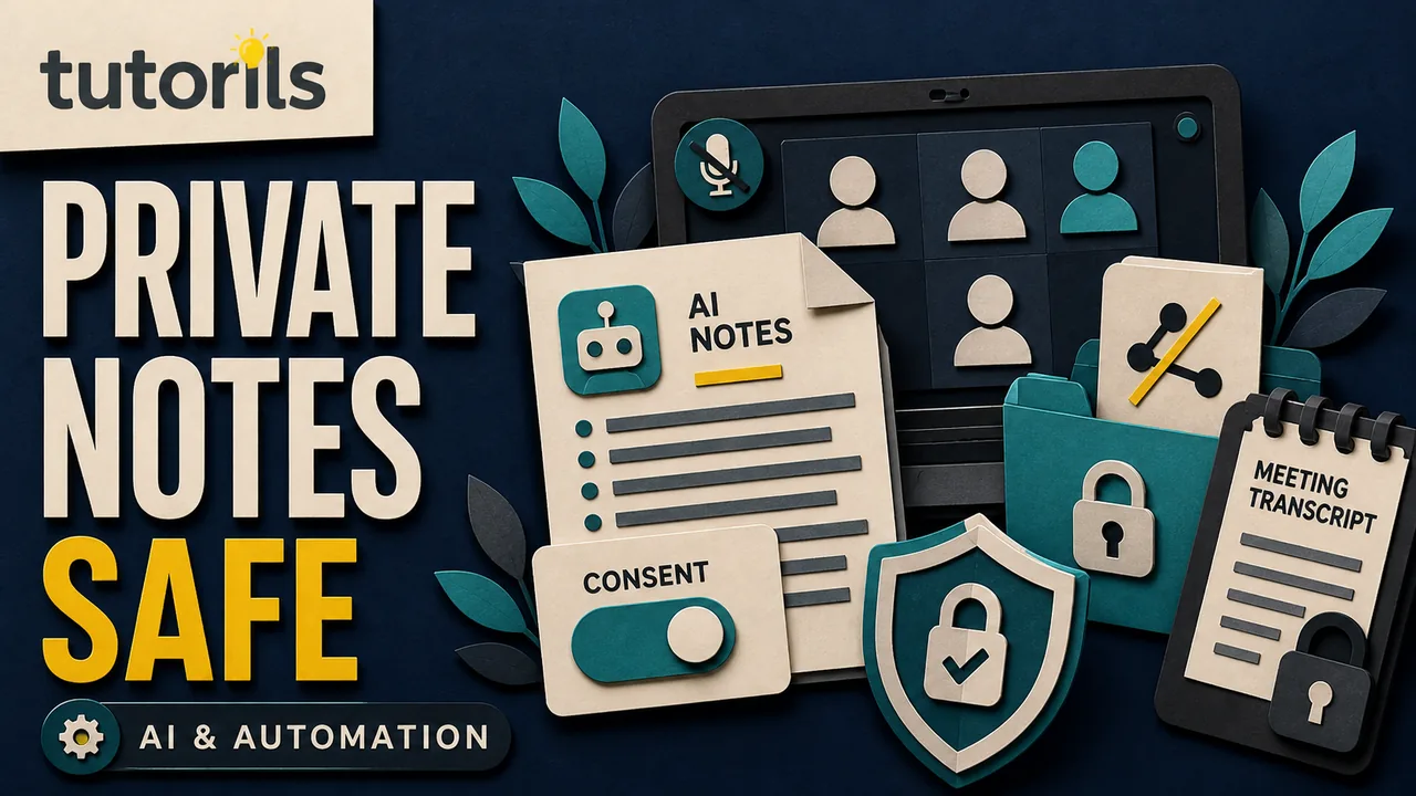 Paper-craft private video meeting with an AI notes document, consent control, restricted sharing, and a privacy shield