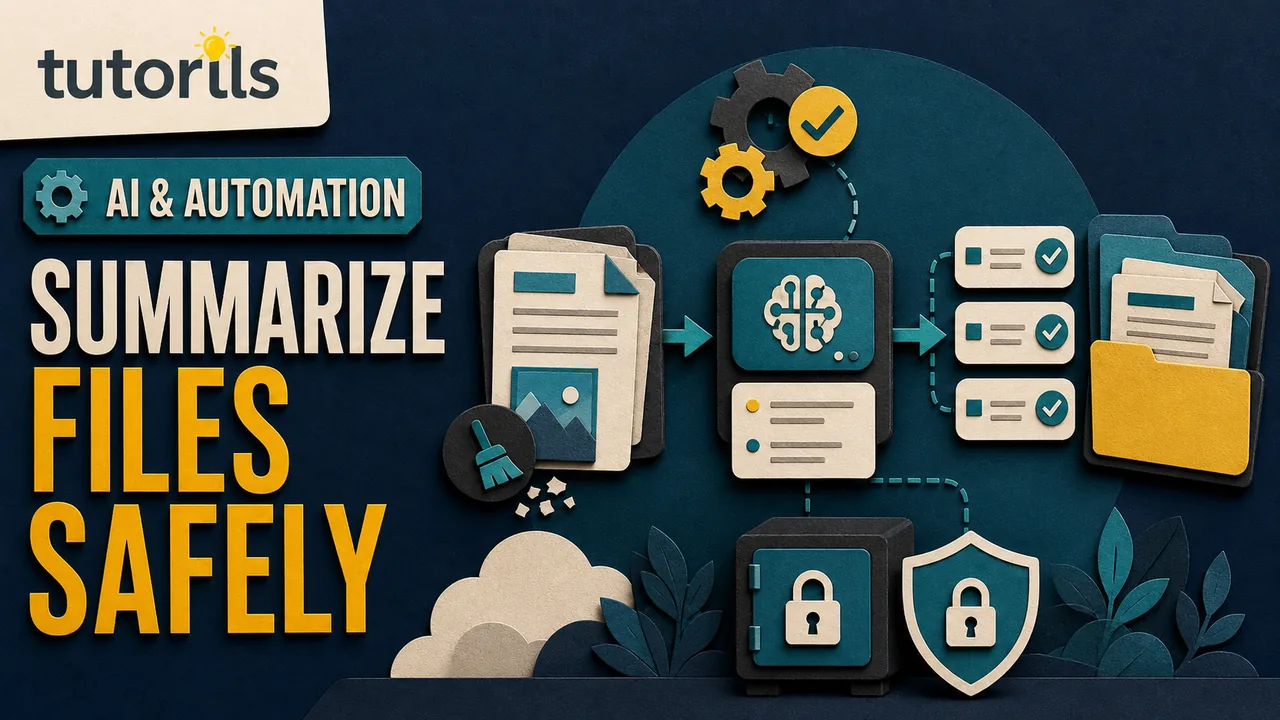 Paper-craft secure document summarization workflow with a sanitized file, AI summary, source checks, and locked storage