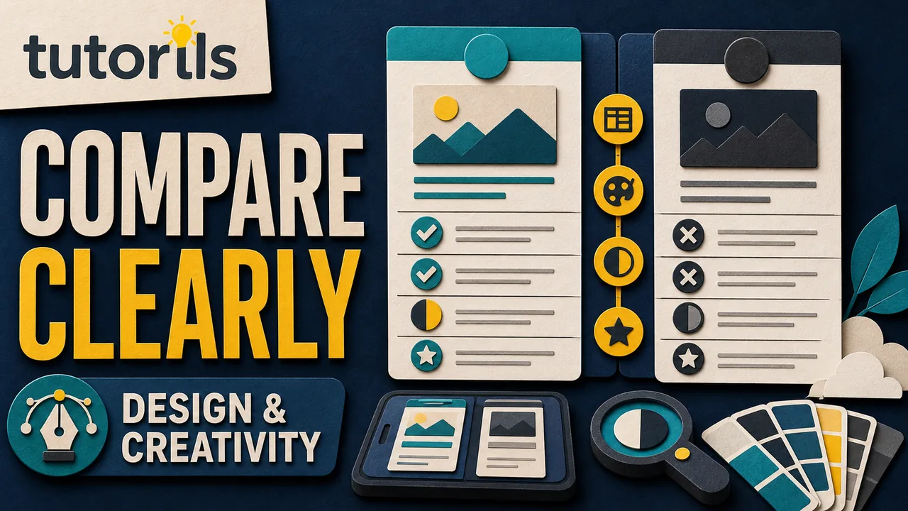 Dark editorial paper-craft comparison board with aligned columns, labeled criteria, balanced cards, accessible color cues, and a mobile preview