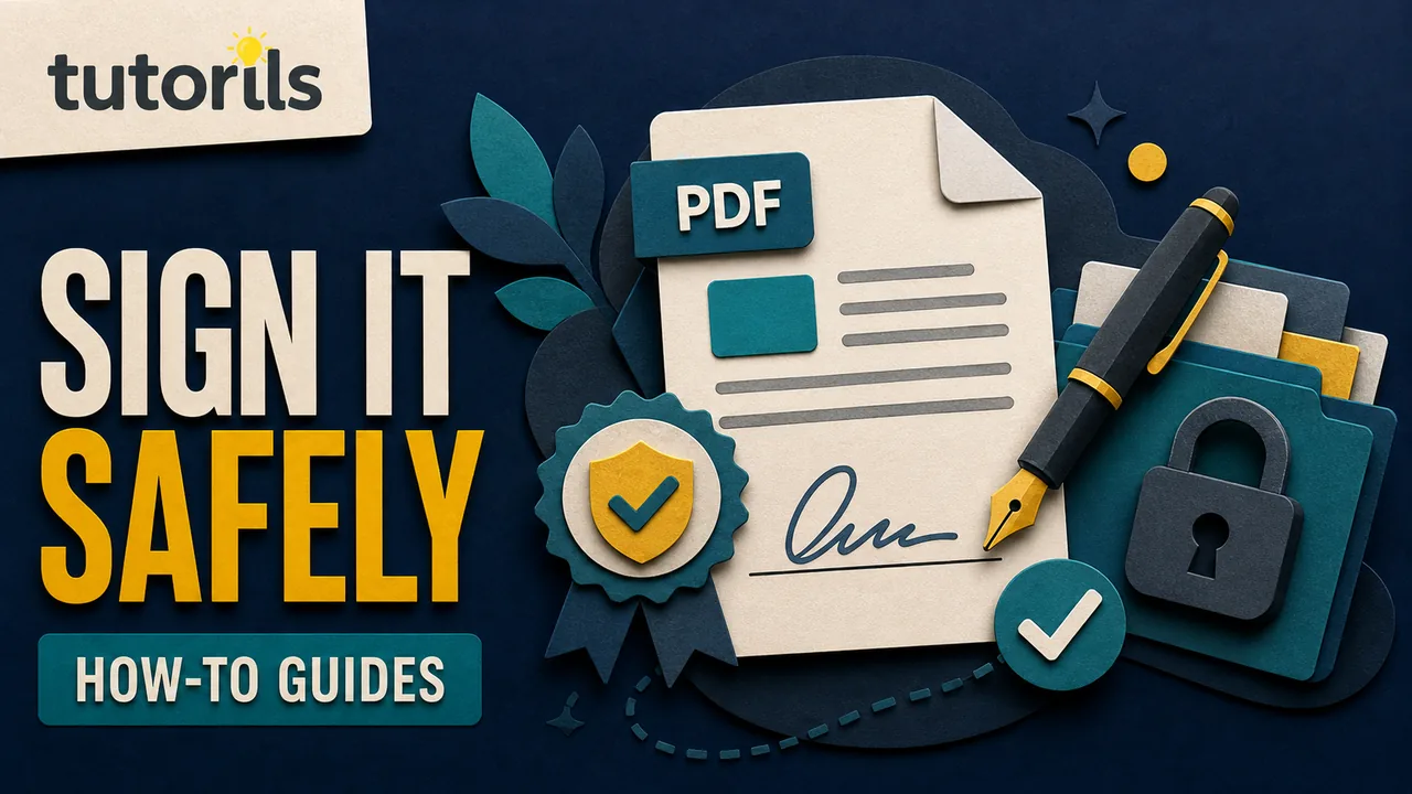 Dark editorial paper-craft PDF document with a signature line, secure pen, certificate badge, and completed verification check