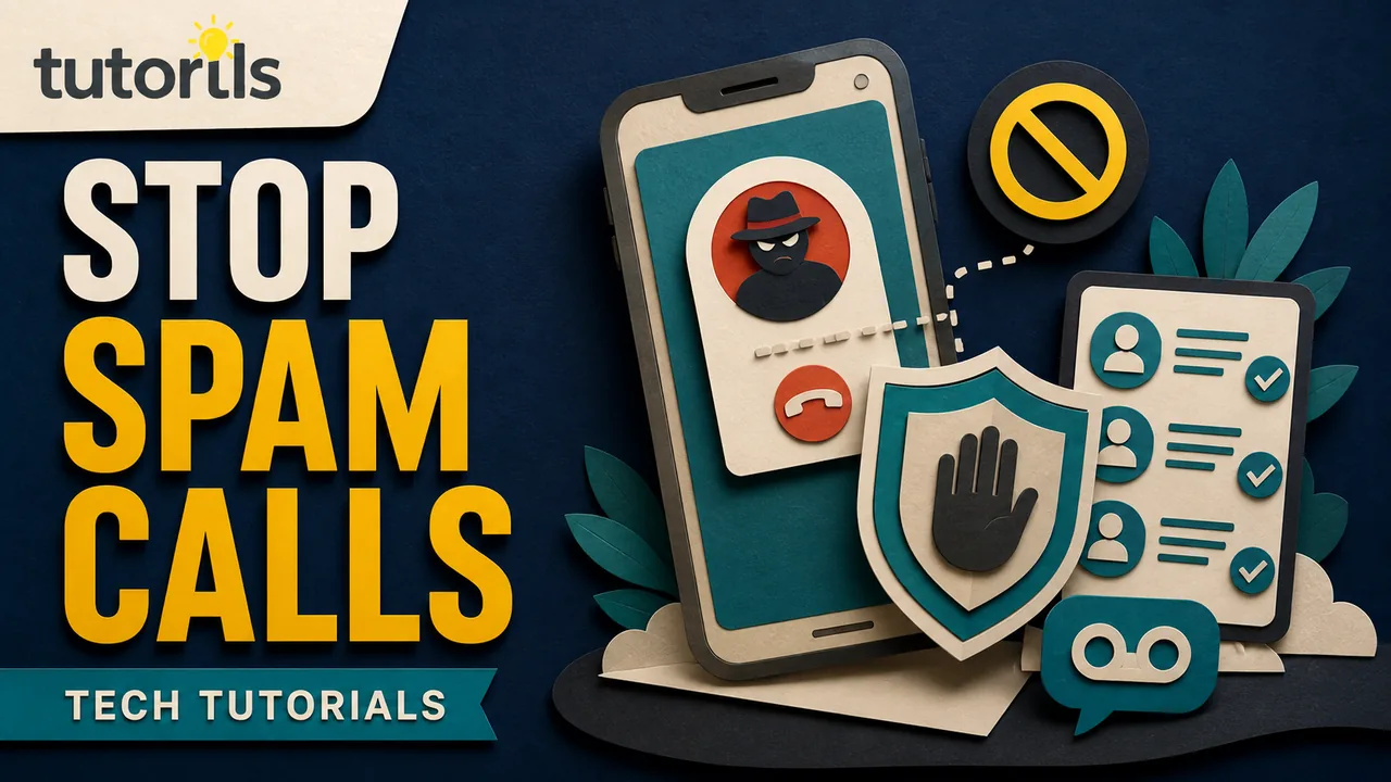 Paper-craft Android phone and iPhone filtering a suspicious caller with spam labels, voicemail, and a block control