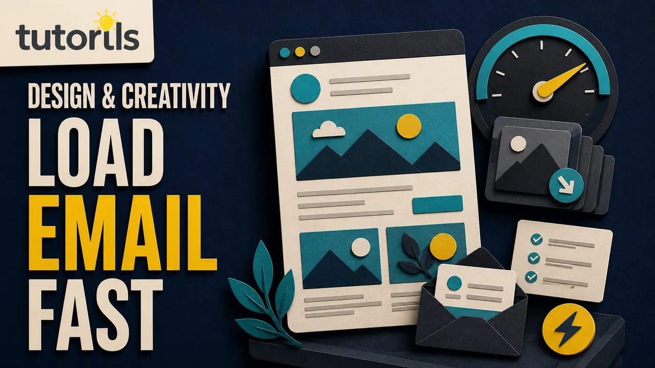 Dark editorial paper-craft email header with a compact approved logo, live headline text, optimized image meter, mobile preview, and loading check