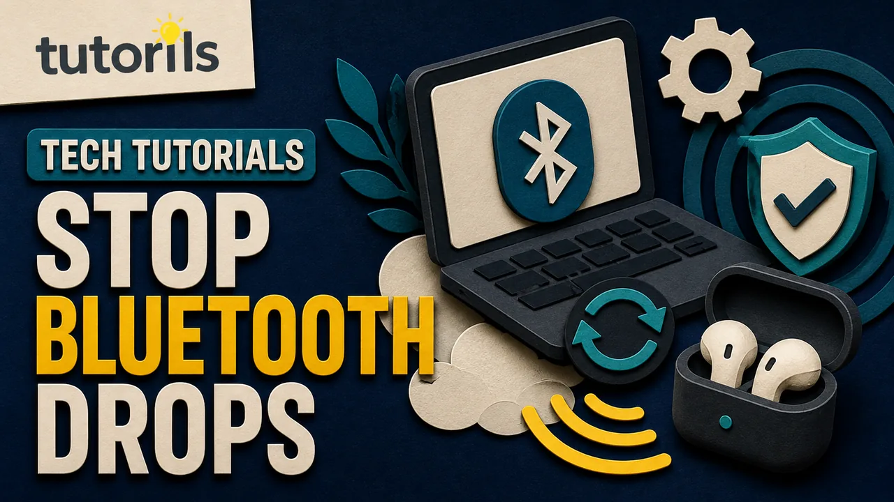 Dark editorial paper-craft Bluetooth headphones and laptop with a broken connection line, battery indicator, and repair tools