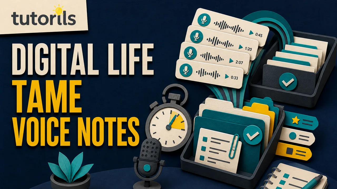 Dark paper-craft phone sorting named voice-note cards into actions, projects, private storage, backup, and deletion