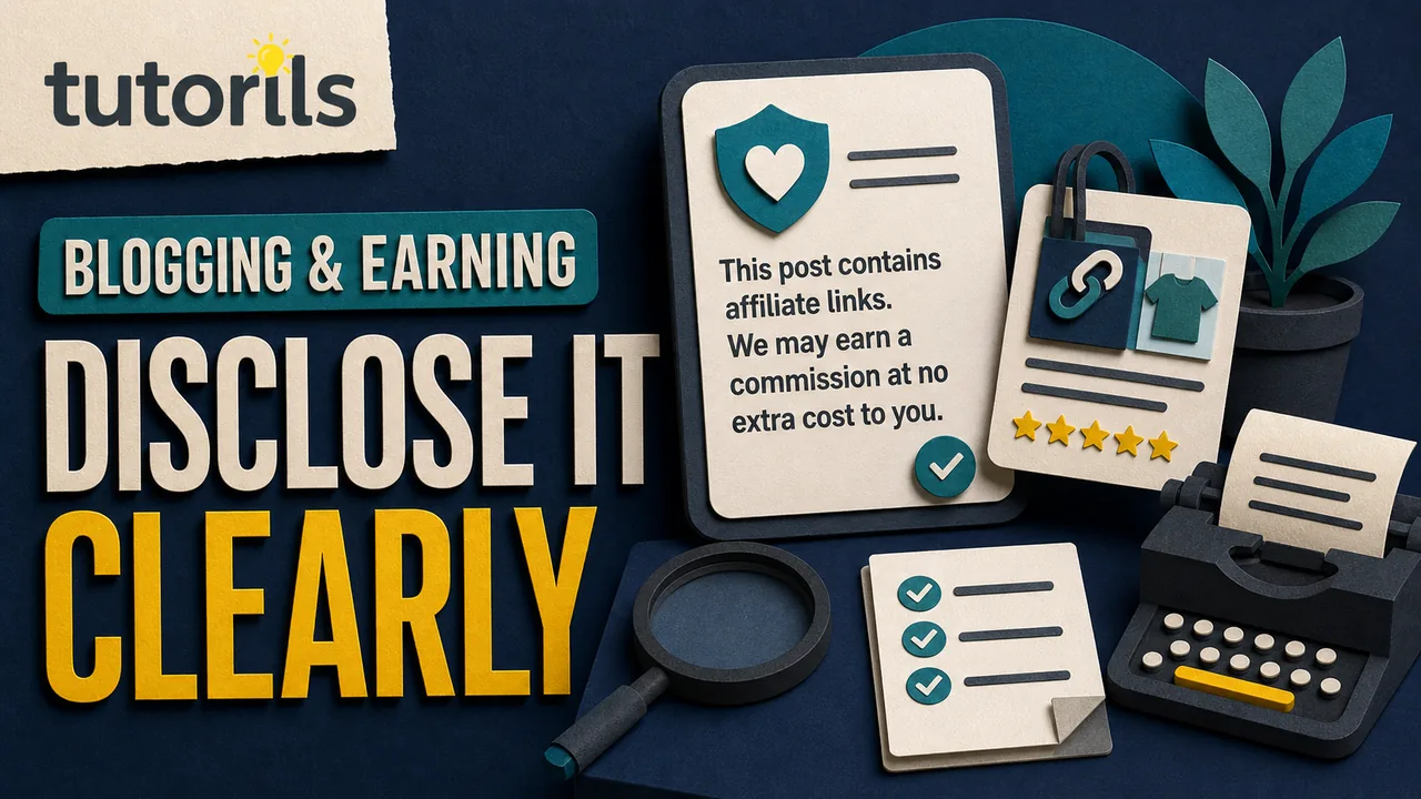Dark paper-craft editor placing a clear affiliate disclosure before product links, review cards, and a commission record