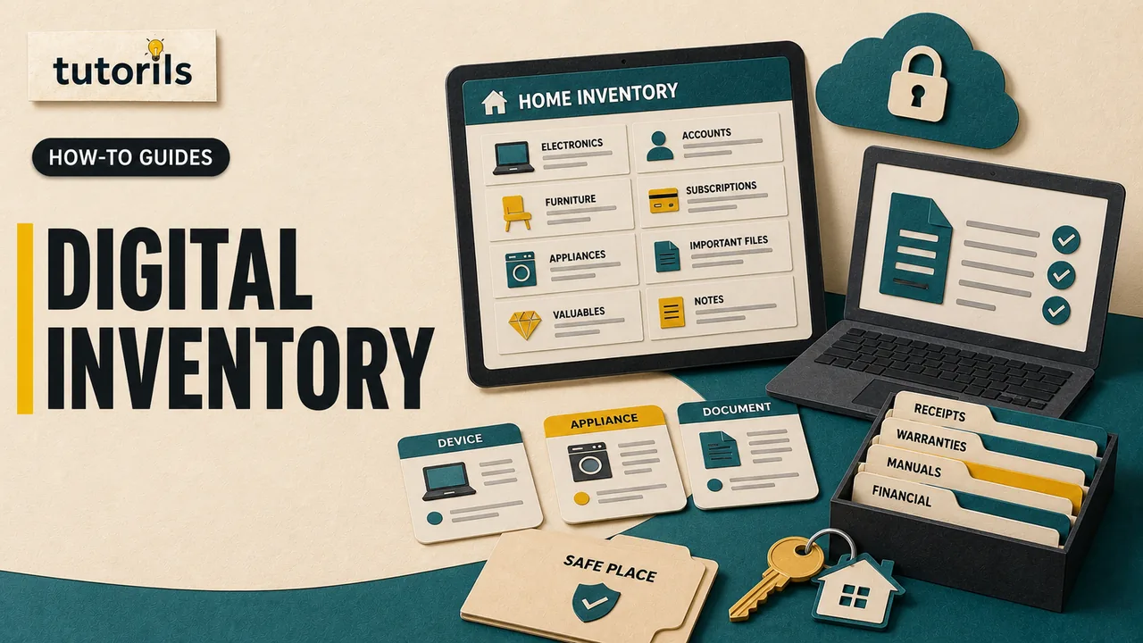 Dark editorial paper-craft household digital inventory with labeled phones, laptop, router, cloud backup, subscriptions, owners, and a protected recovery index