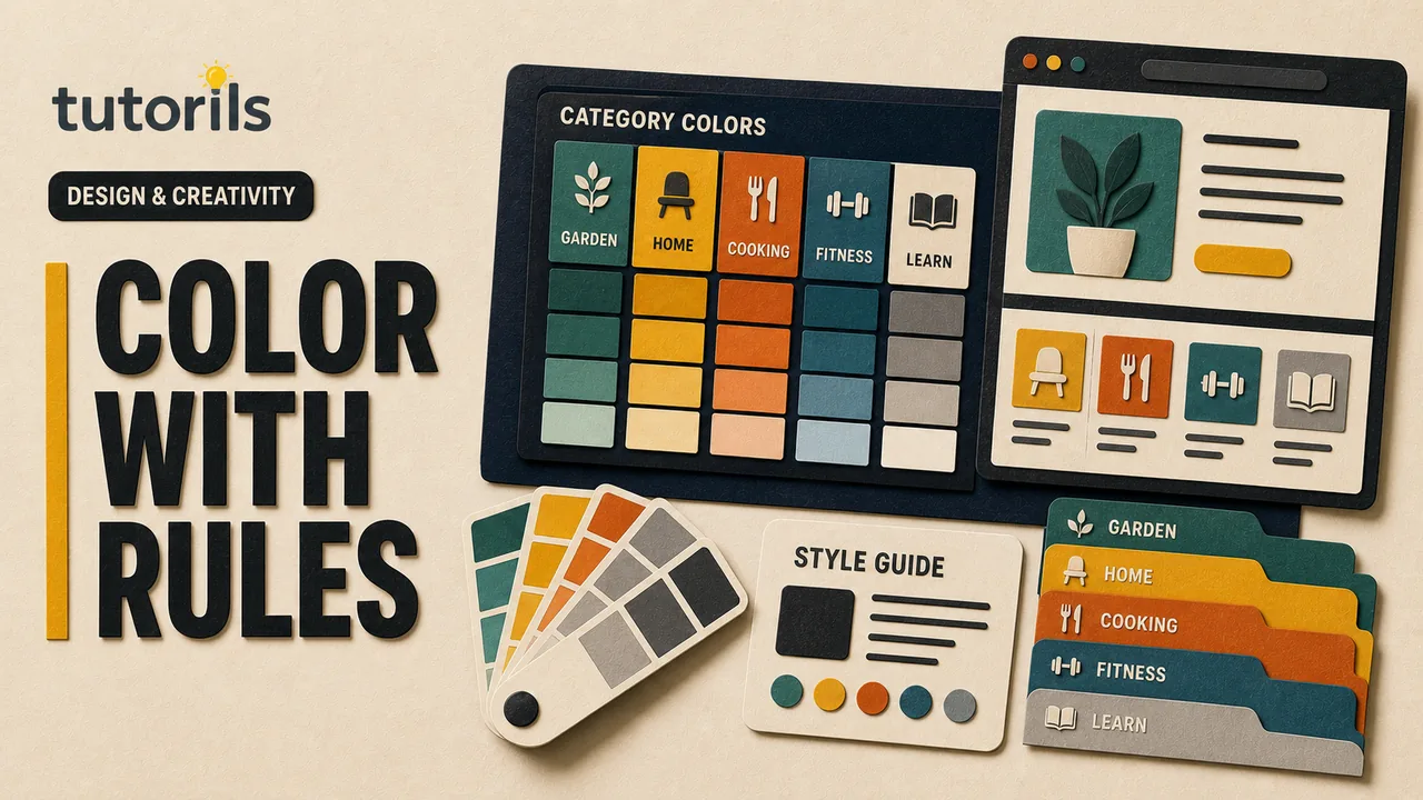 Dark editorial paper-craft category palette with named semantic color tokens, accessible label pairs, light and dark modes, and consistent article cards