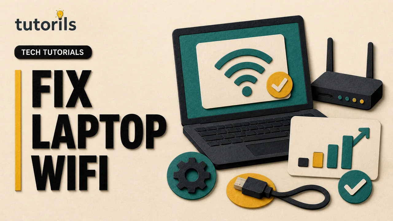 Dark editorial paper-craft laptop with a broken Wi-Fi symbol beside a router, diagnostic card, and restored connection path