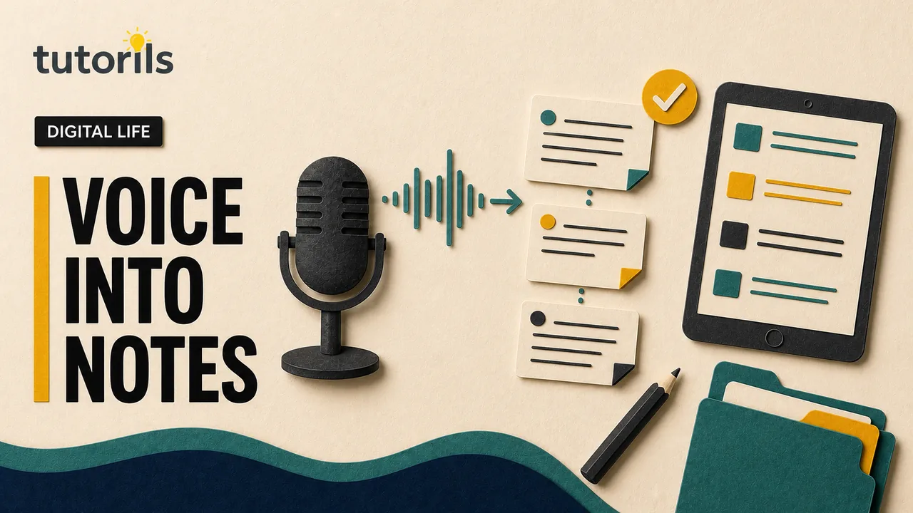 Dark paper-craft voice recording becoming a checked transcript, action list, decision note, source link, and private archive