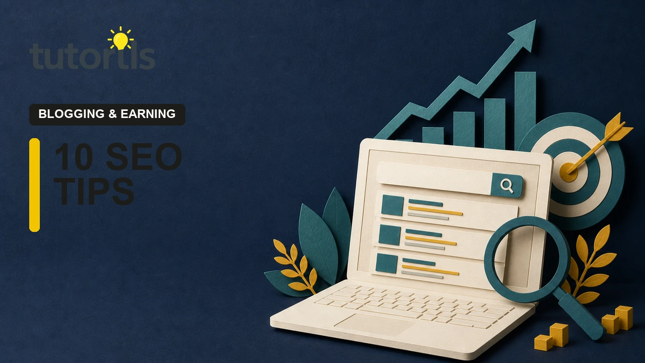 Paper-craft SEO research desk with search cards and growth chart